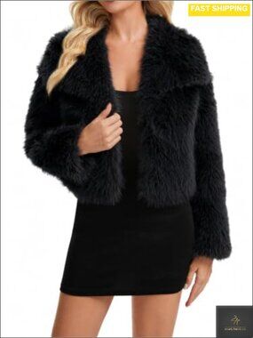 Women's Lapel Faux Fur Coat Fluffy Warm Short Outerwear with Pockets
